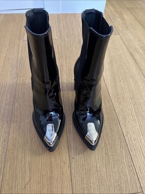 Alexander McQueen Black Patent Pointed Ankle Boots with Silver Toe Caps